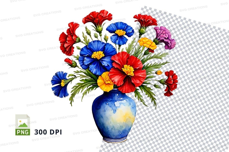 Watercolor flower bouquet in blue vase clipart png