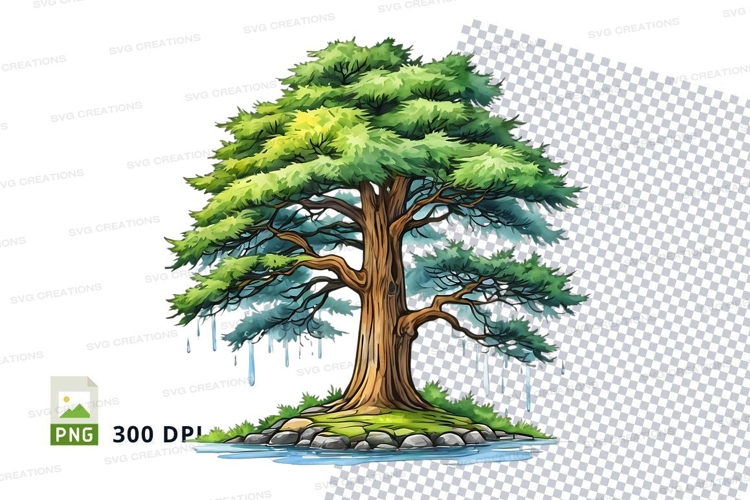 Illustration mockup of a large, lush tree on a small island