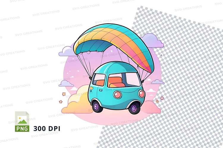 Cartoon van with parachute clipart png
