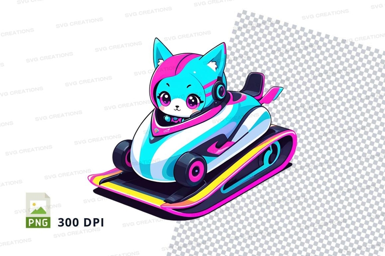Cartoon cat riding a colorful go-kart mockup