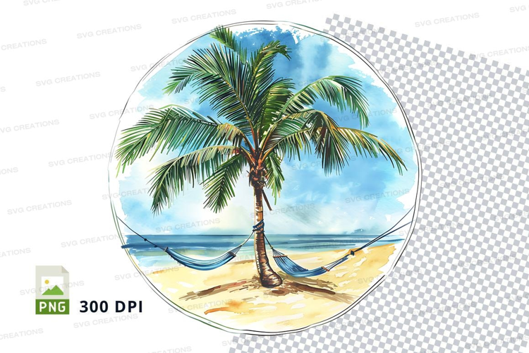 Beach scene with palm tree and hammock plate mockup