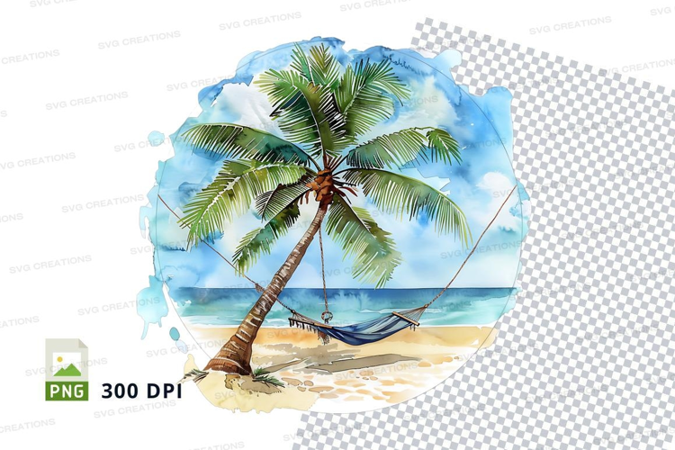 Tropical beach scene with palm tree and hammock