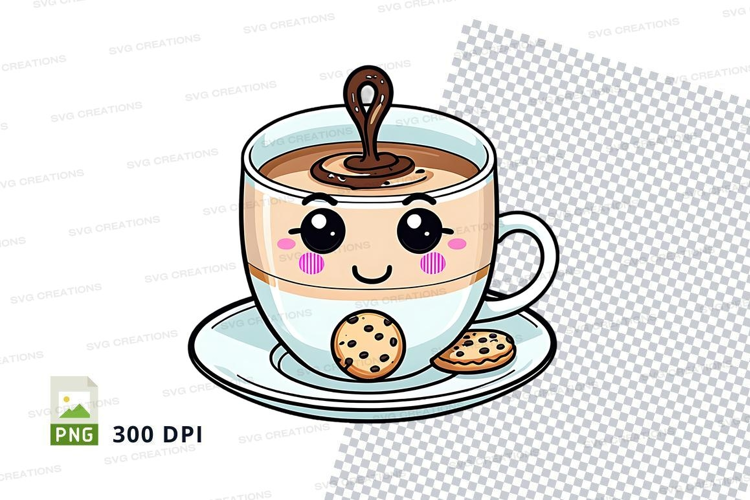 Cute cartoon coffee mug with face and cookies