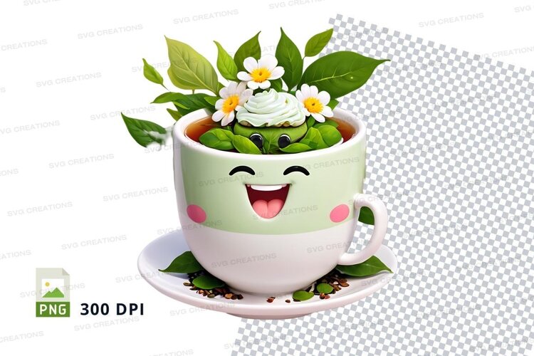 Cute smiling tea cup planter with flowers example image 1
