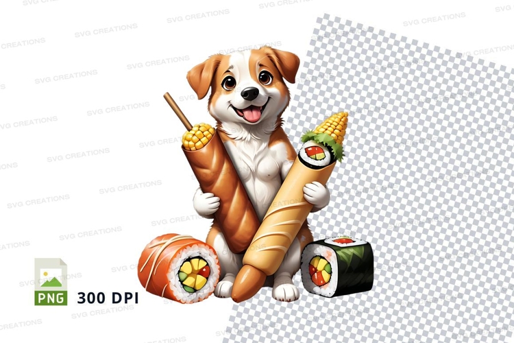Cartoon dog holding sushi and corn mockup