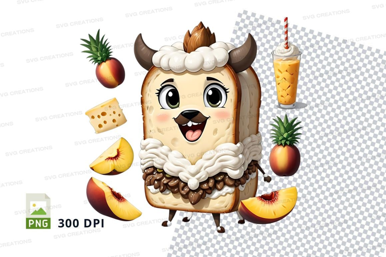 Cartoon sandwich character with fruits and drink mockup