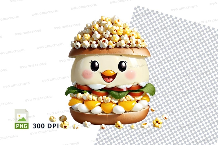 3d cartoon burger with popcorn topping mockup