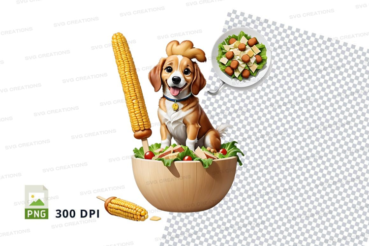 Cartoon dog in salad bowl with corn mockup