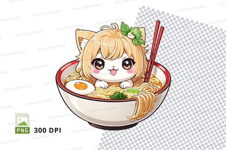 Cute cat in ramen bowl clipart png