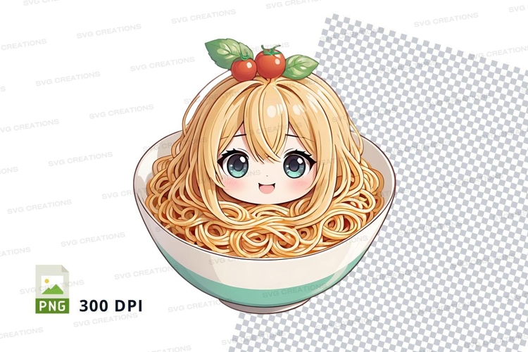 Cute anime girl in spaghetti bowl clipart png