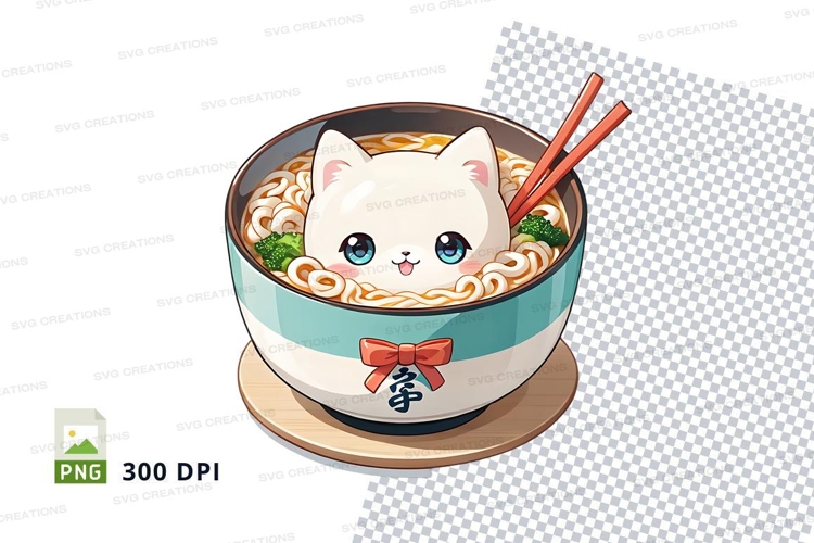 Cute cat in ramen bowl clipart png