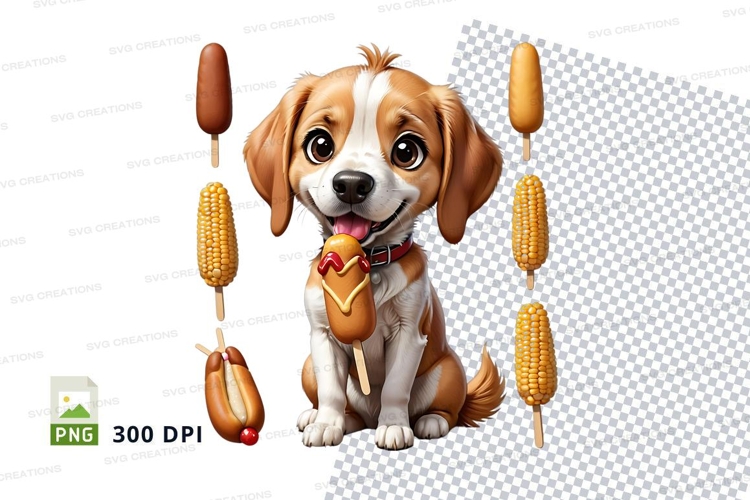 Cartoon dog puppy with corn on the cob clipart png