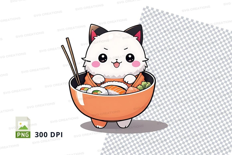 Cartoon cat in bowl of sushi clipart png