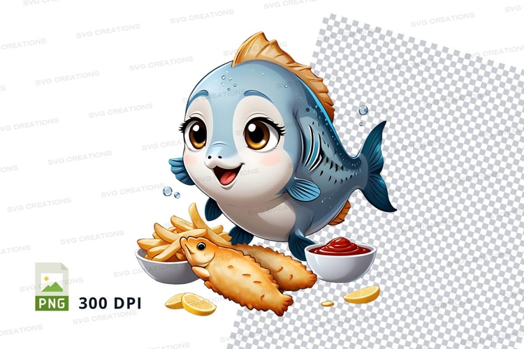 Cartoon fish character with fries and ketchup