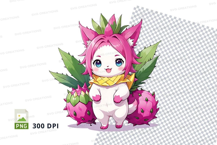 Cute cartoon character holding dragon fruit