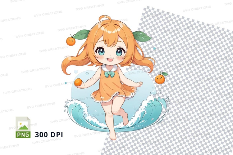 Chibi girl in orange dress on water wave clipart