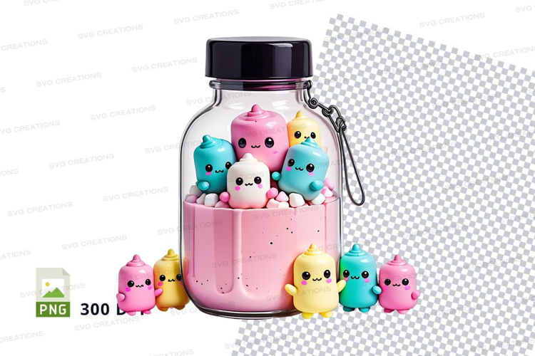 Jar of colorful kawaii figures mockup