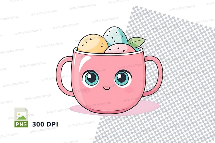 Pink mug with cartoon face and fruits mockup