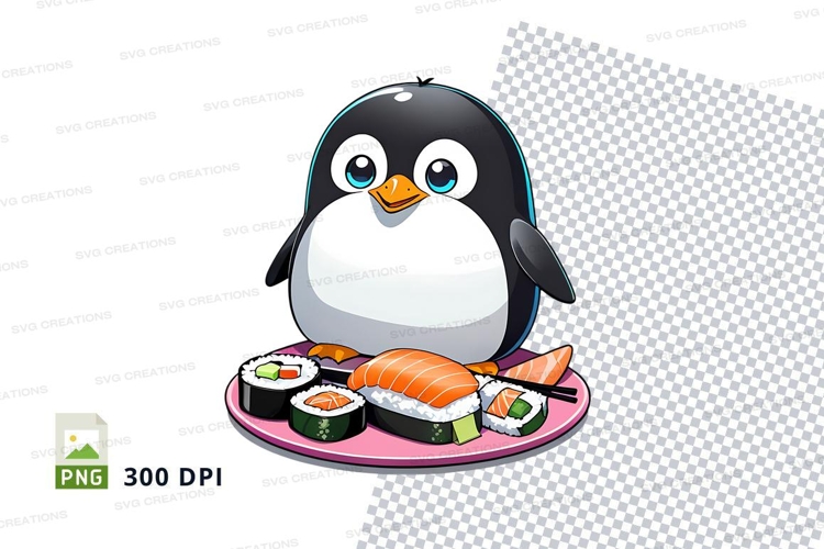 Cartoon penguin with sushi mockup