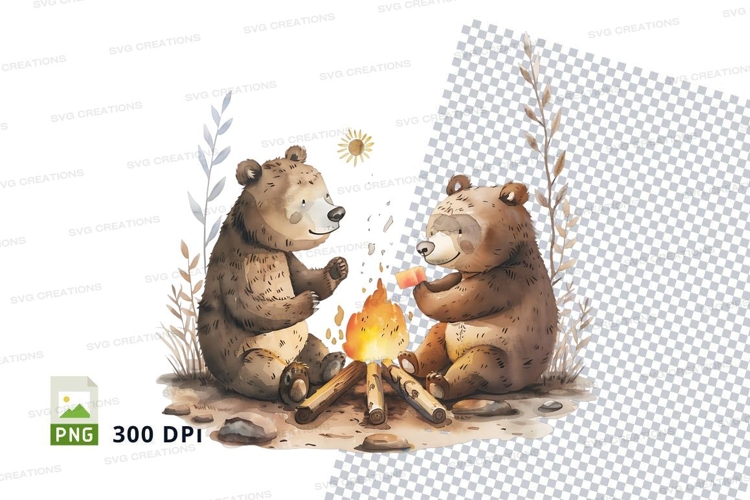 Two brown bears camping fire forest clipart illustration