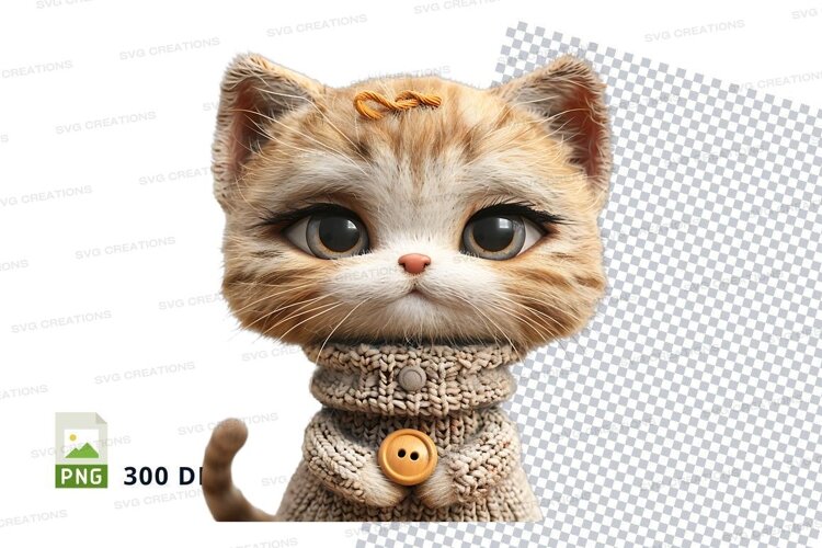Cute ginger kitten clipart in knit scarf 3D PNG transparent example image 1