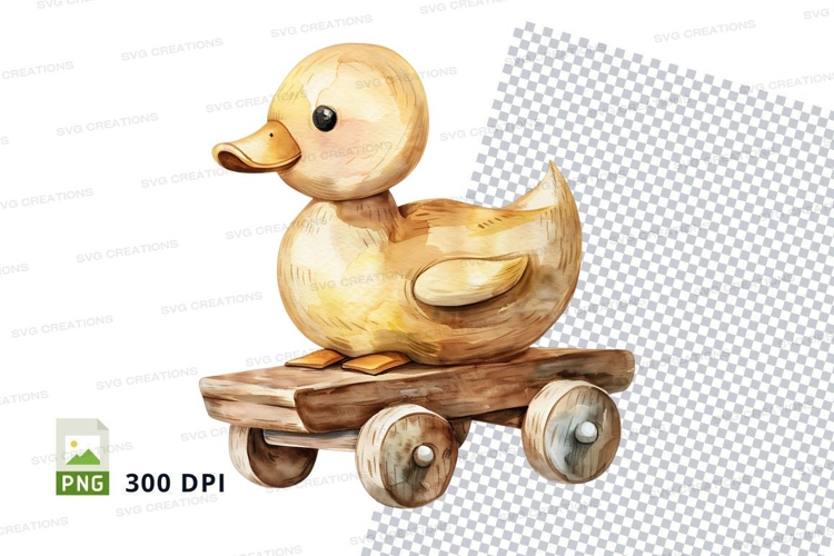 Golden rubber duck toy on wooden skateboard clipart png