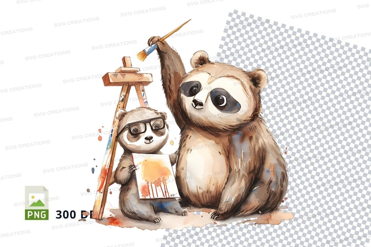 Cute bear and sloth clipart painting watercolor illustration