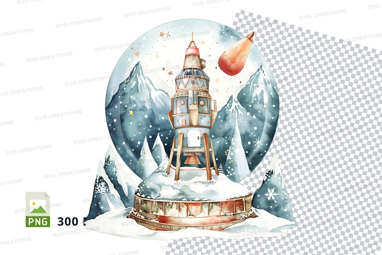 Christmas snow globe with rocket launching festive clipart