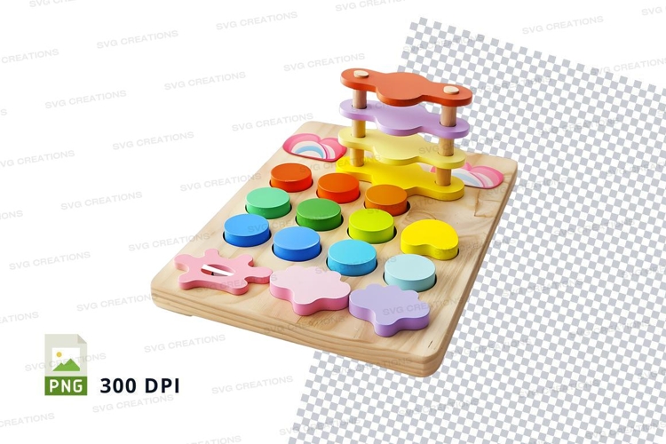 Wooden educational toy with colorful stacking rings and shap