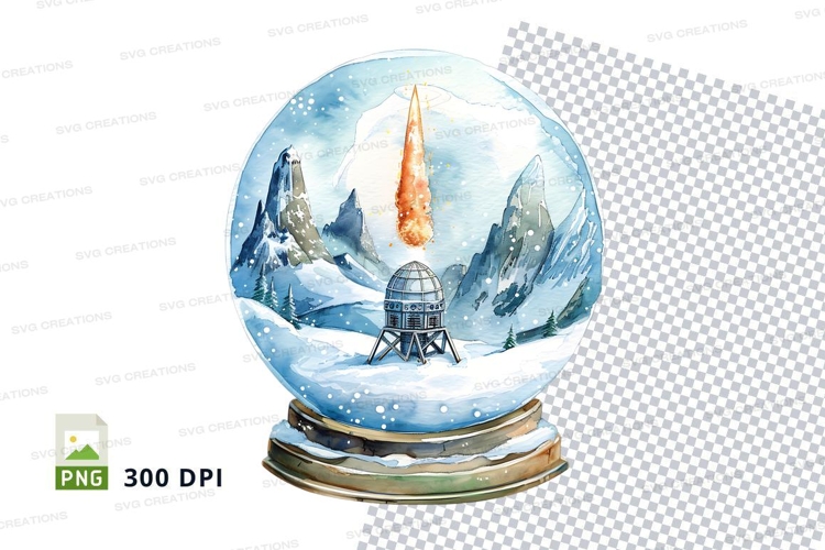 Snow globe with mountain and space rocket launch clipart