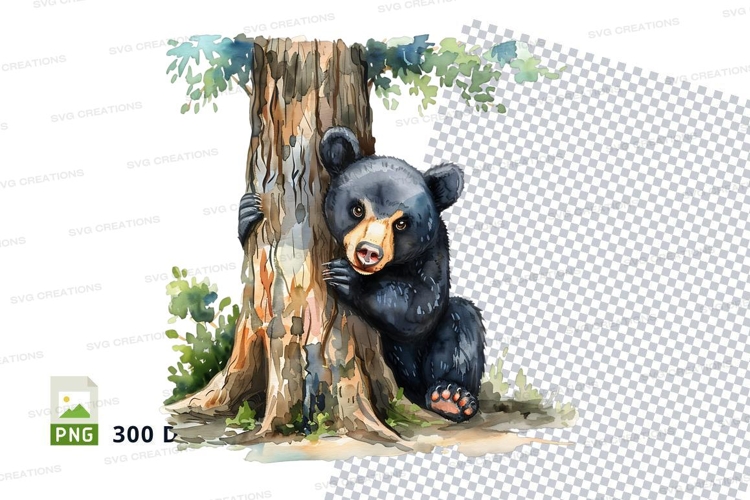 Cute black bear cub hugging tree in forest clipart png
