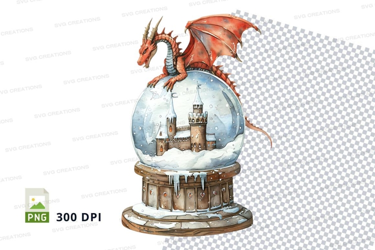 Dragon in snow globe fantasy clipart illustration