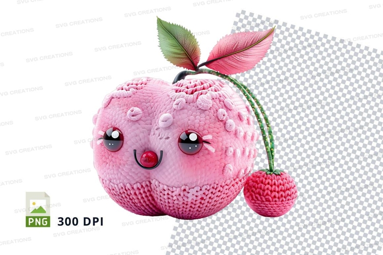 Pink glitter apple clipart with bow and cherry charm isolate
