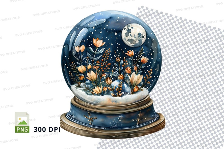 Crystal snow globe with moon and lotus flowers clipart png