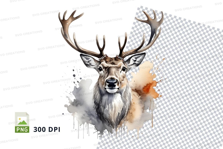 Majestic deer head clipart watercolor splash isolated PNG