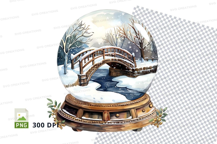 Snow globe clipart with bridge and winter landscape scene