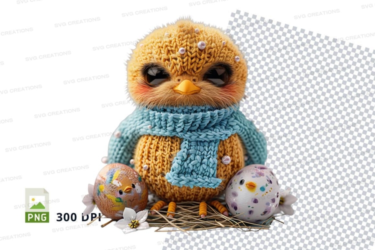 Cute Easter chick knitted sweater holding colorful eggs