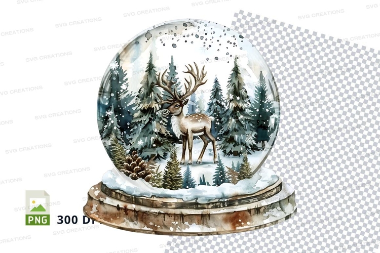 Christmas snow globe with deer and pine trees clipart