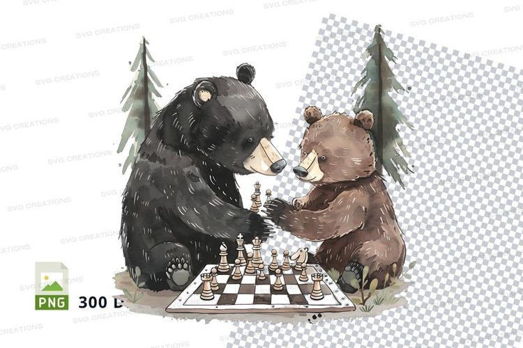 Two bears playing chess in snowy forest clipart png