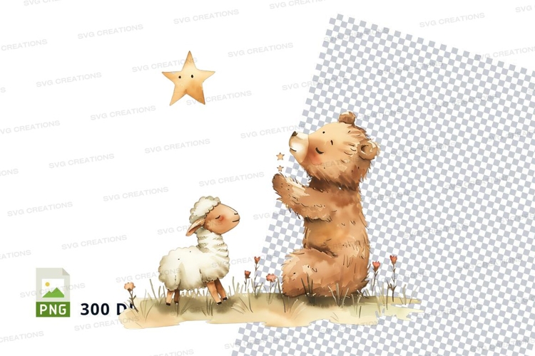 Cute bear and sheep clipart under shooting star on checkered