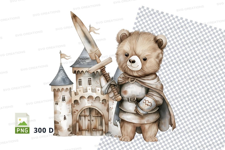 Teddy bear knight with sword castle fantasy clipart PNG