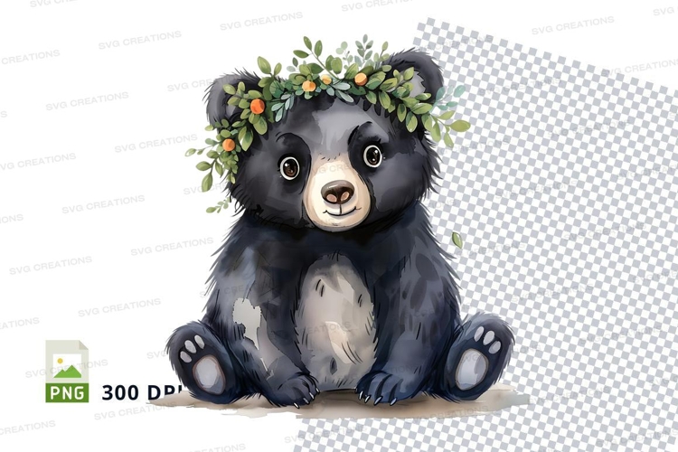 Cute bear clipart with floral crown sitting isolated on whit