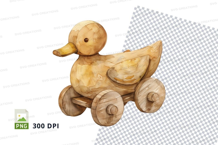 Wooden toy duck on wheels clipart transparent background