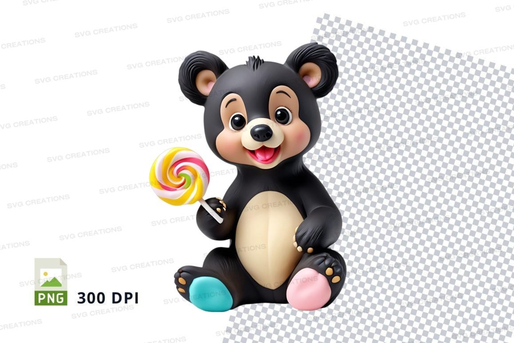 Cute black teddy bear holding lollipop clipart PNG