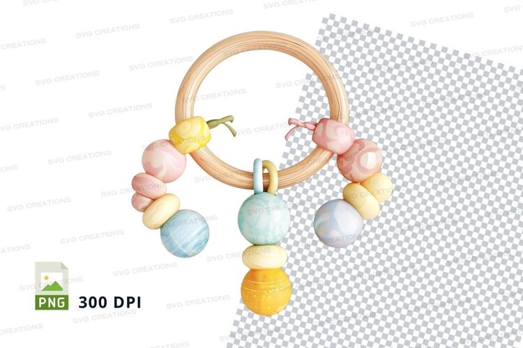 Wooden baby teething ring with pastel beads and toy clip example image 1