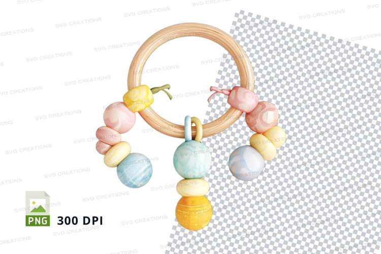Wooden baby teething ring with pastel beads and toy clip
