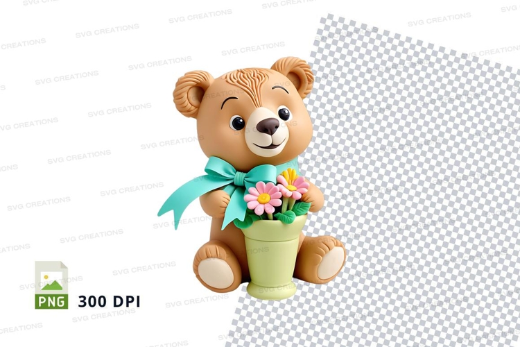 Cute teddy bear holding flower pot clipart png transparent