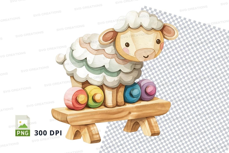 Cute sheep clipart on wooden stool with colorful macarons