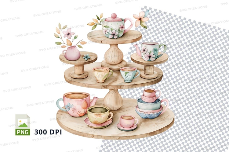 Floral teacup set clipart png pastel tiered display