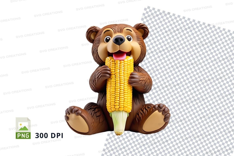 Cute brown teddy bear eating yellow corn clipart PNG